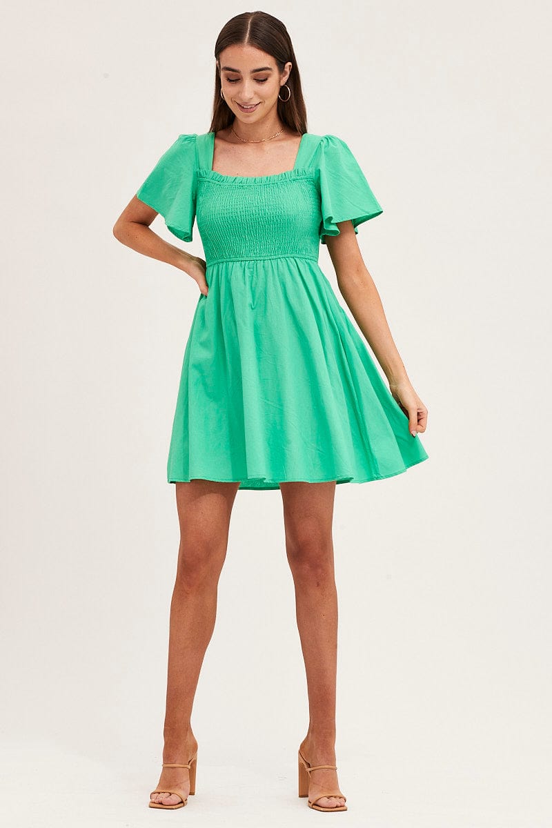 SKATER DRESS Green Mini Dress Square Neck for Women by Ally