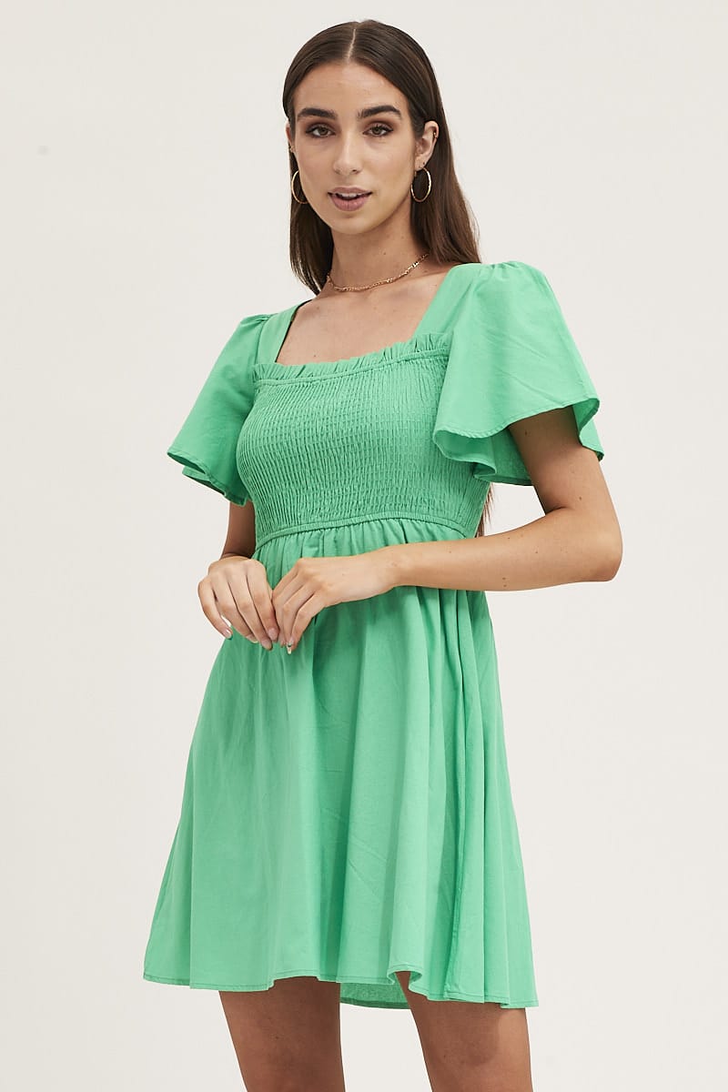 SKATER DRESS Green Mini Dress Square Neck for Women by Ally