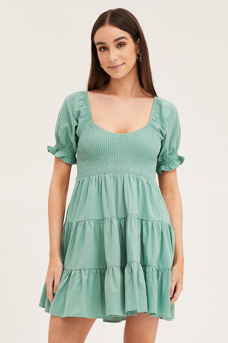 SKATER DRESS Green Puff Sleeve Shirred Tiered Skater Dress for Women by Ally