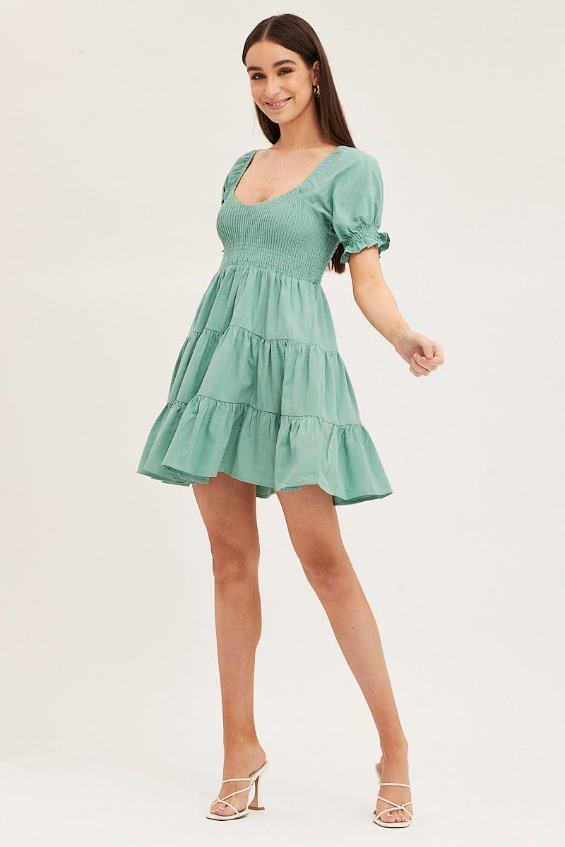 SKATER DRESS Green Puff Sleeve Shirred Tiered Skater Dress for Women by Ally