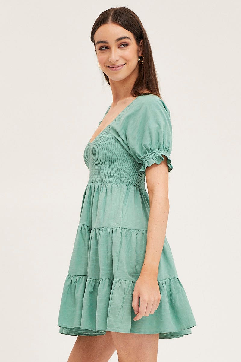 SKATER DRESS Green Puff Sleeve Shirred Tiered Skater Dress for Women by Ally