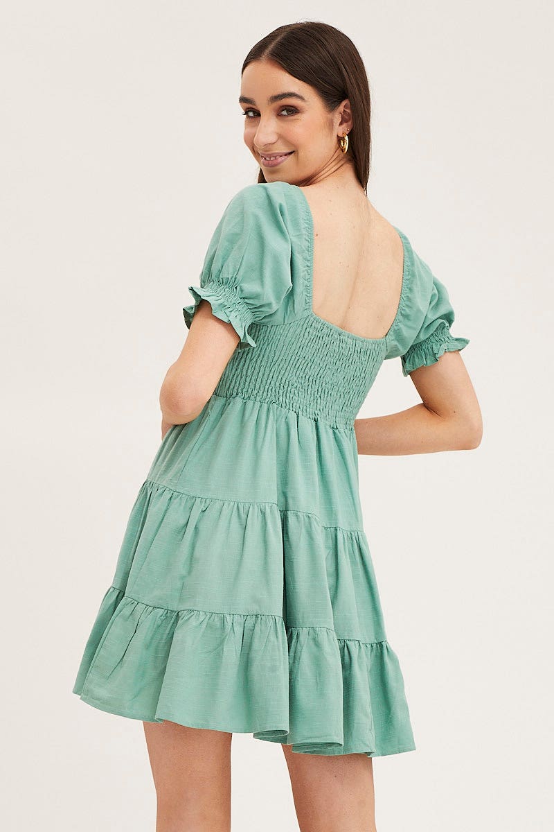 SKATER DRESS Green Puff Sleeve Shirred Tiered Skater Dress for Women by Ally