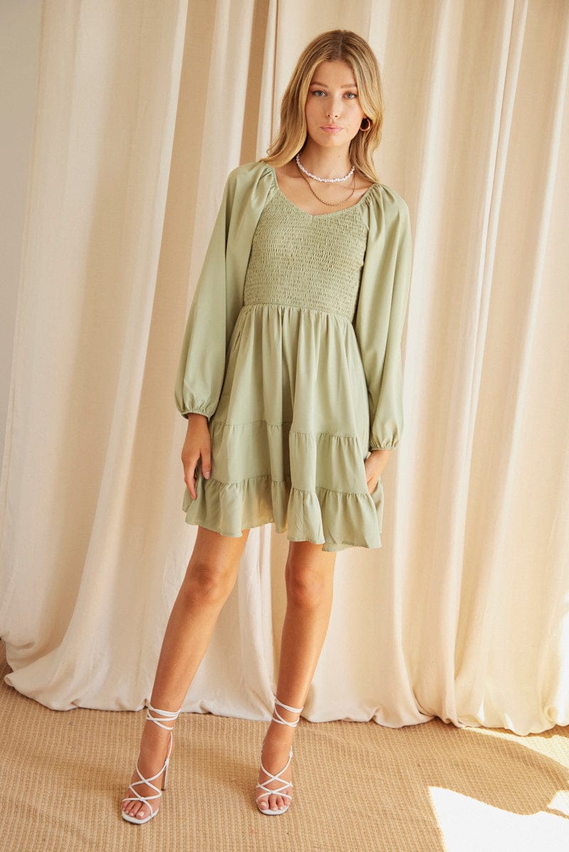 Women's Green Shirred Dress Long Sleeve Mini | Ally Fashion Women's Green Shirred Dress Long Sleeve Mini | Ally Fashion