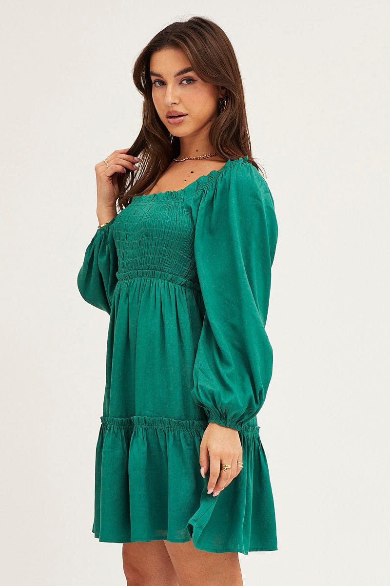 Women s Green Shirred Skater Dress Ally Fashion