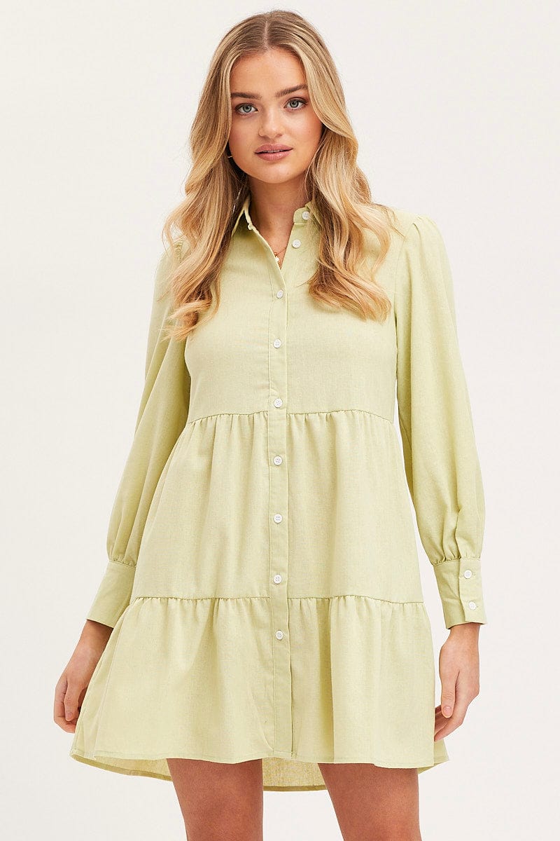 SKATER DRESS Green Shirt Dress Long Sleeve Button Front for Women by Ally