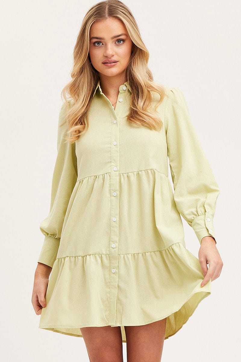 SKATER DRESS Green Shirt Dress Long Sleeve Button Front for Women by Ally