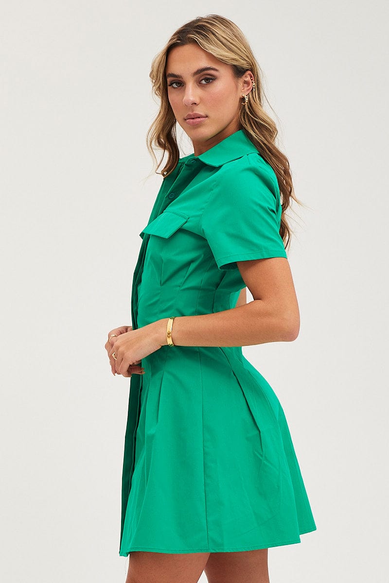 SKATER DRESS Green Shirt Dress Short Sleeve Mini for Women by Ally