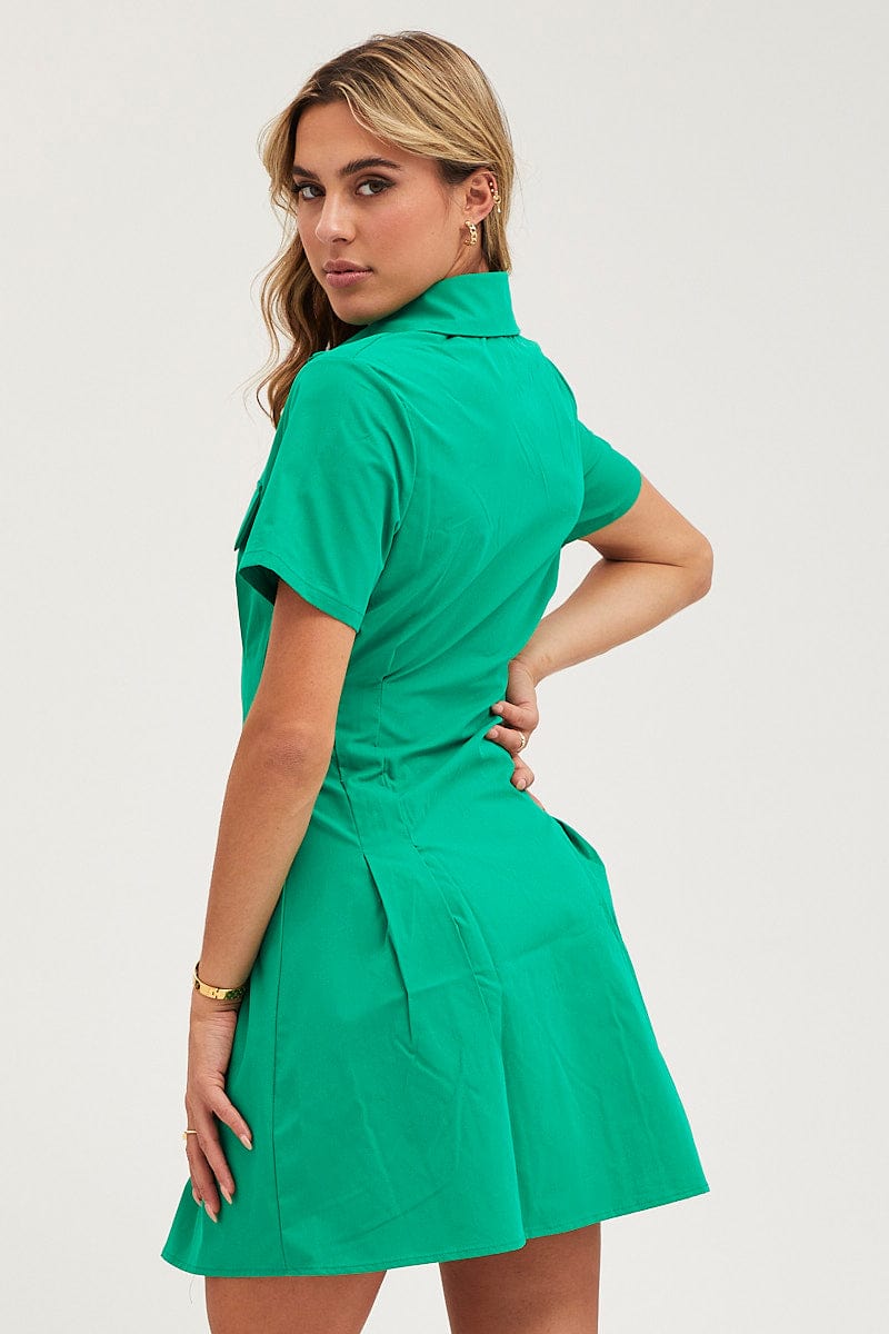 SKATER DRESS Green Shirt Dress Short Sleeve Mini for Women by Ally