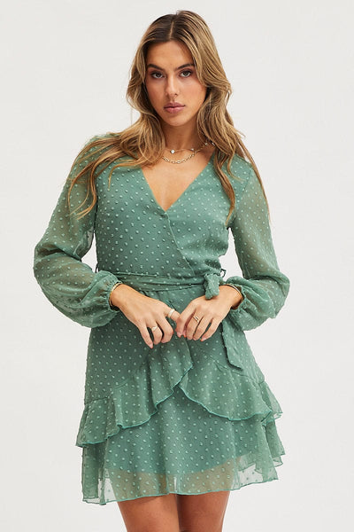 slim fit dress slacks Women's Green Skater Dress Long Sleeve Mini