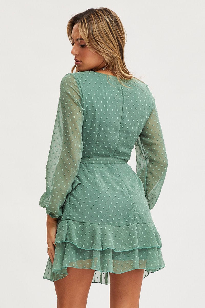 Women’s Green Skater Dress Long Sleeve Mini | Ally Fashion