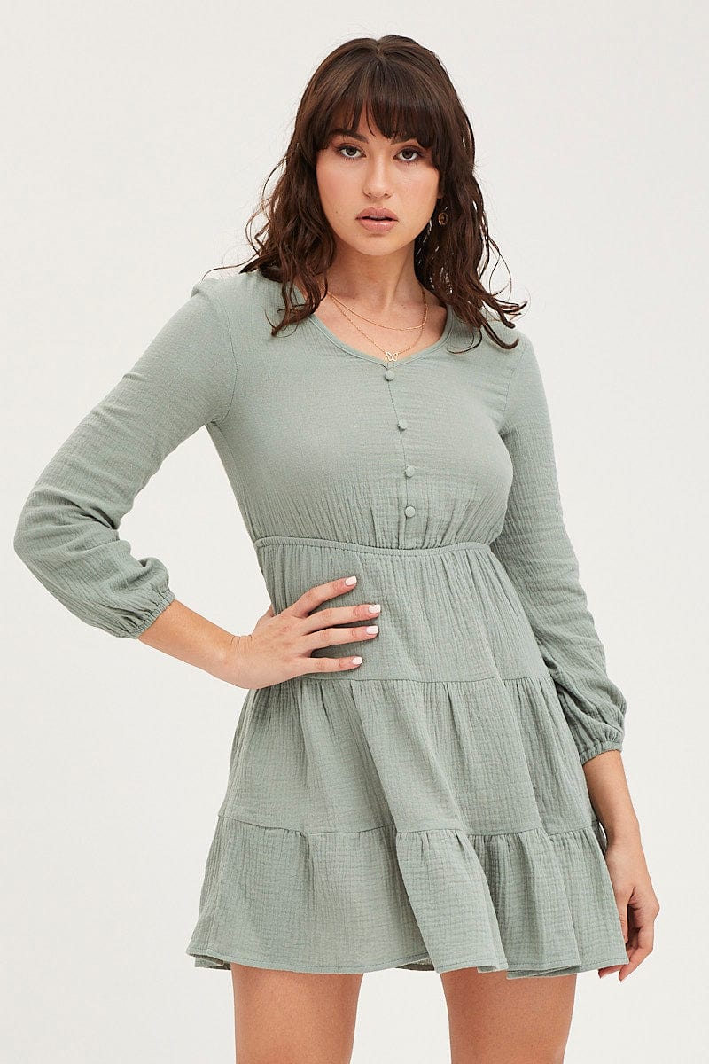 Women’s Green Skater Dress Long Sleeve Mini | Ally Fashion