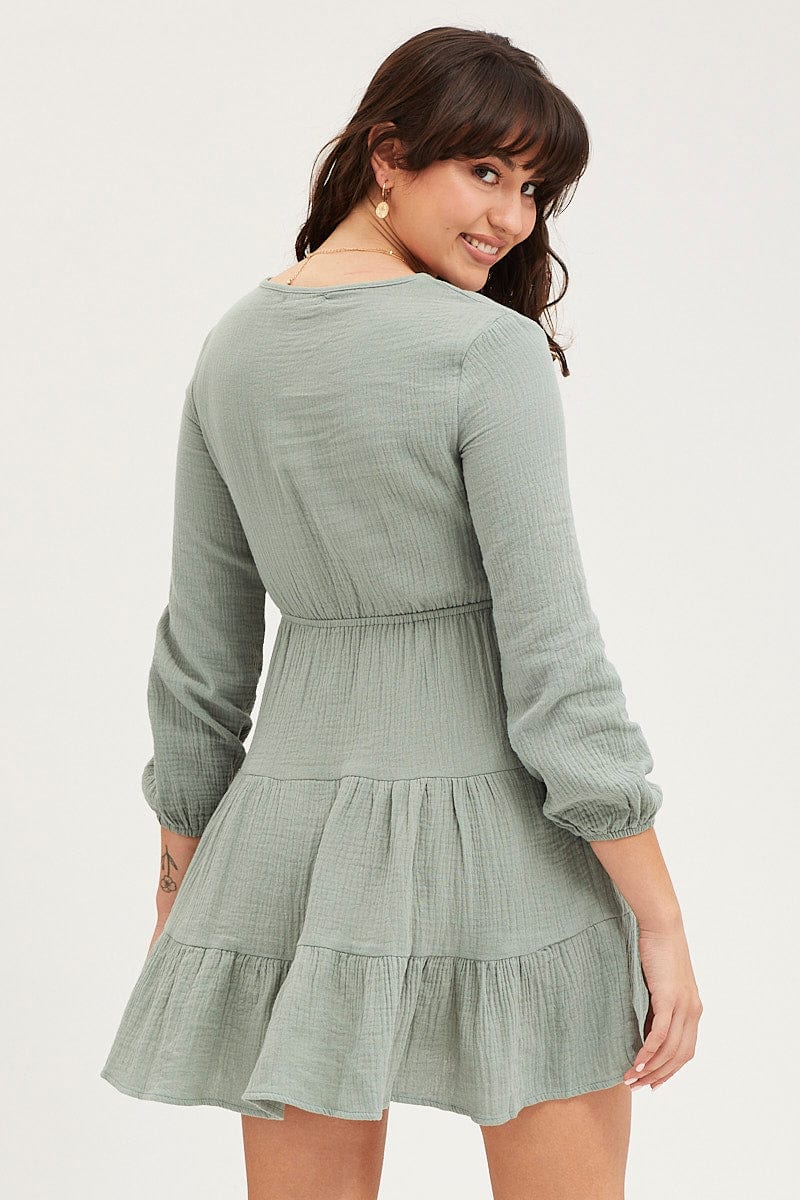 Women’s Green Skater Dress Long Sleeve Mini | Ally Fashion