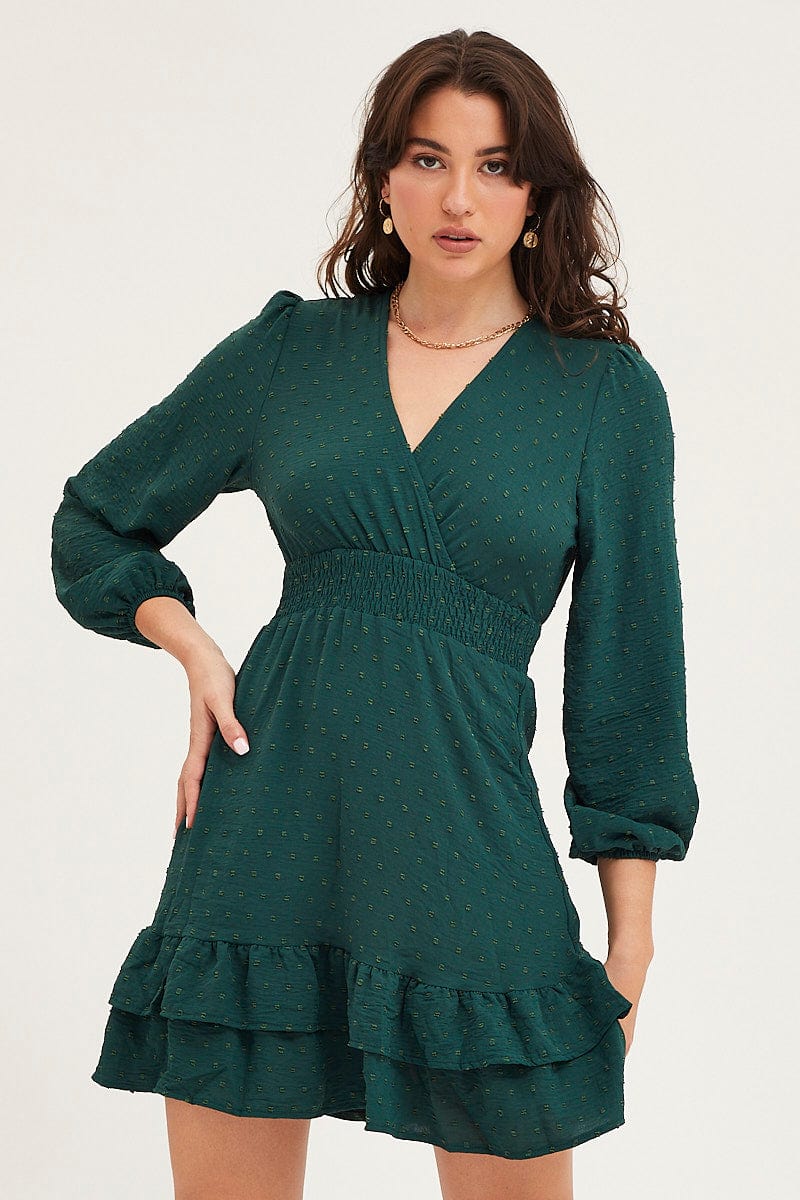 Women’s Green Skater Dress Long Sleeve Mini Knit | Ally Fashion