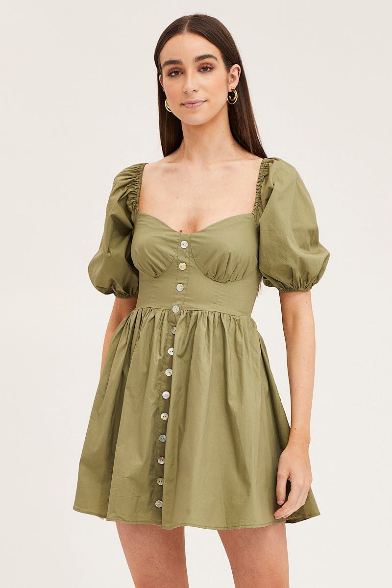 Women's Green Skater Dress Puff Sleeve Mini Sweet Heart Neck