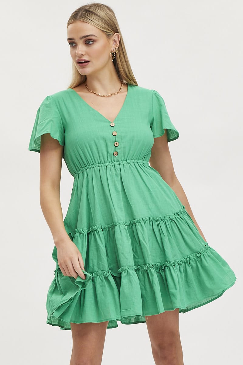 SKATER DRESS Green Skater Dress Short Sleeve Mini for Women by Ally