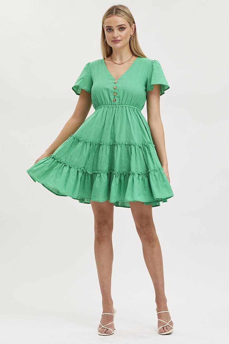 SKATER DRESS Green Skater Dress Short Sleeve Mini for Women by Ally