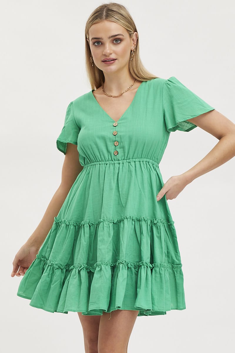 SKATER DRESS Green Skater Dress Short Sleeve Mini for Women by Ally