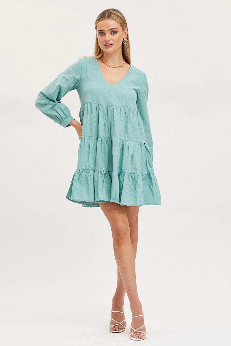 Women's Green Smock Dress Long Sleeve Mini | Ally Fashion Women's Green Smock Dress Long Sleeve Mini | Ally Fashion