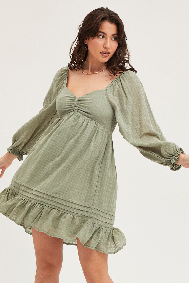 Women's Green Smock Dress Long Sleeve Mini | Ally Fashion Women's Green Smock Dress Long Sleeve Mini | Ally Fashion