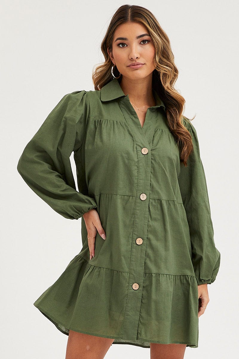 SKATER DRESS Green Tiered Dress Long Sleeve Mini for Women by Ally