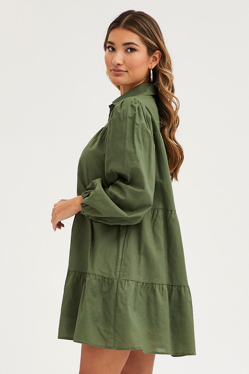 SKATER DRESS Green Tiered Dress Long Sleeve Mini for Women by Ally