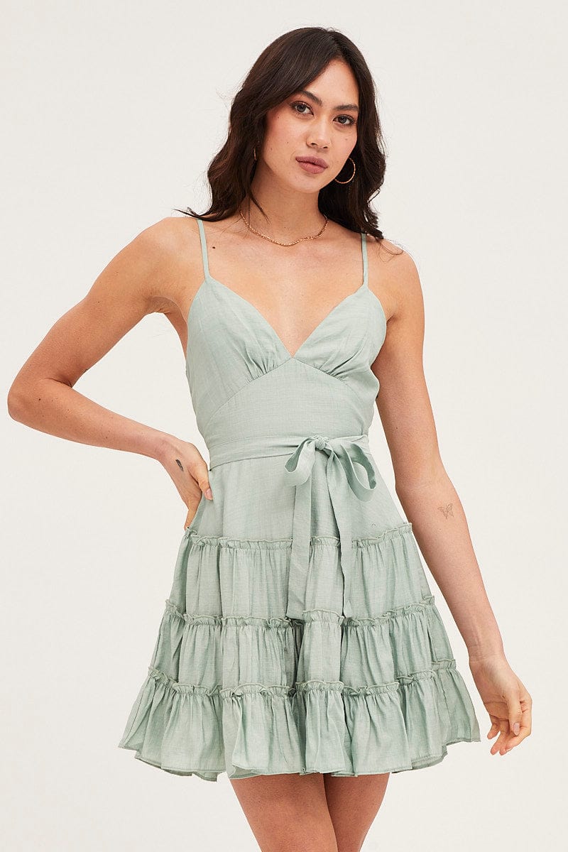 SKATER DRESS Green V Neck Frill Skater Dress for Women by Ally