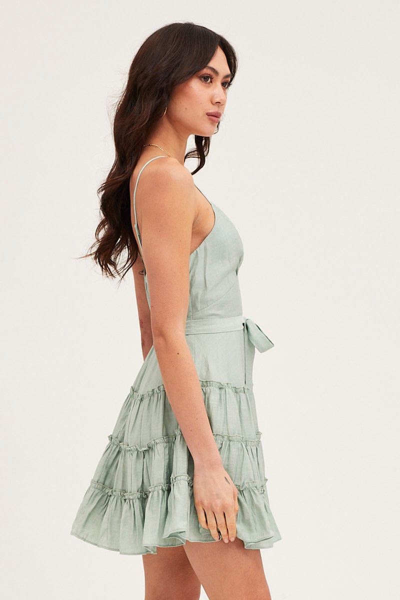 SKATER DRESS Green V Neck Frill Skater Dress for Women by Ally