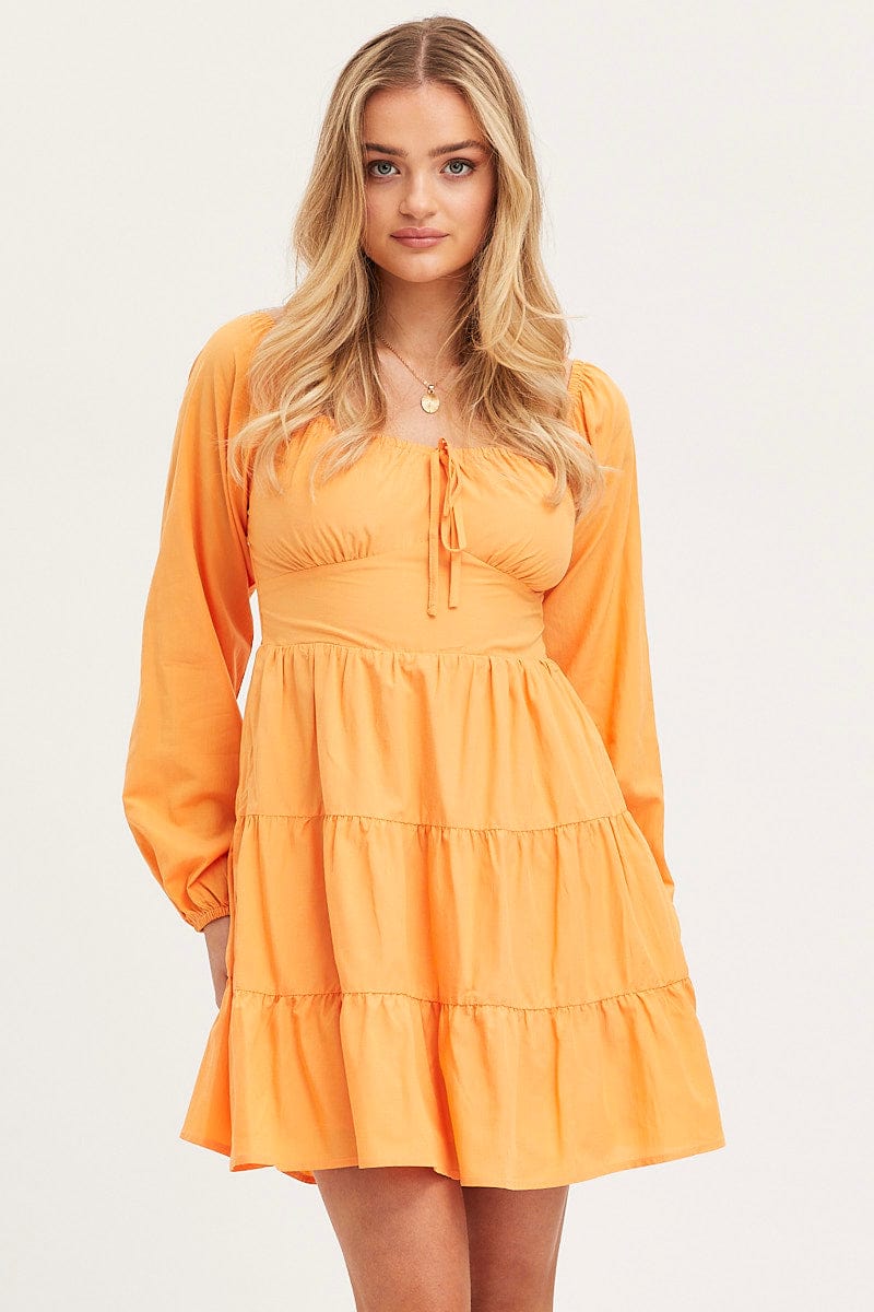 SKATER DRESS Orange Fit And Flare Dress Long Sleeve Square Neck for Women by Ally