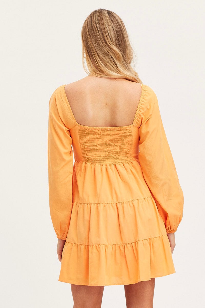 SKATER DRESS Orange Fit And Flare Dress Long Sleeve Square Neck for Women by Ally