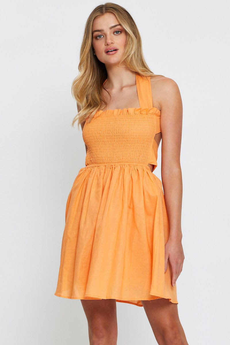 SKATER DRESS Orange Mini Dress Sleeveless for Women by Ally