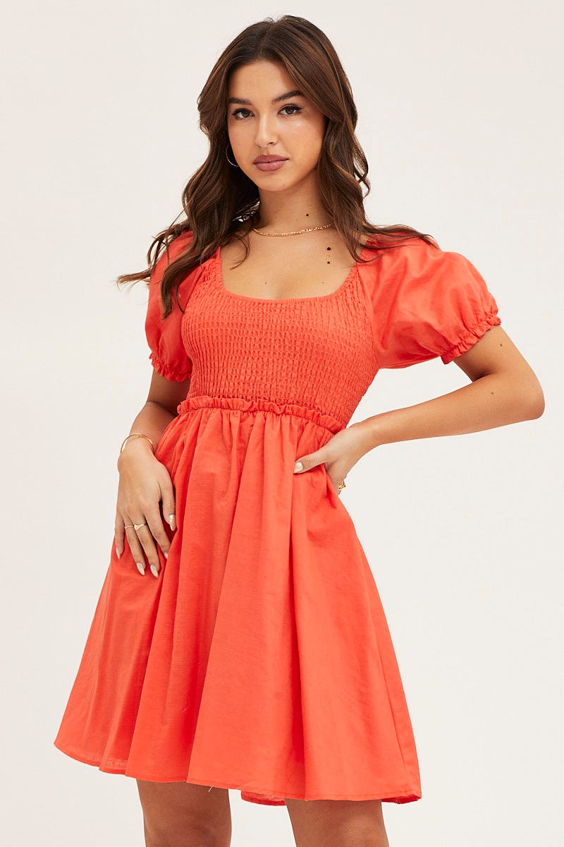 SKATER DRESS Orange Puff Sleeve Linen Shirred Skater Dress for Women by Ally