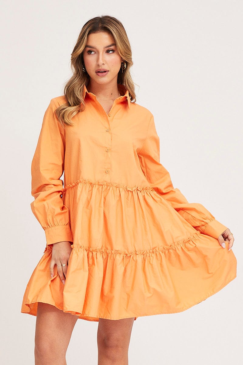 SKATER DRESS Orange Shirt Dress Long Sleeve Mini for Women by Ally