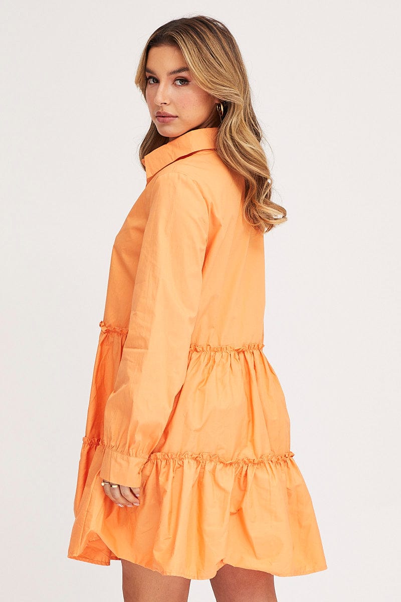 SKATER DRESS Orange Shirt Dress Long Sleeve Mini for Women by Ally