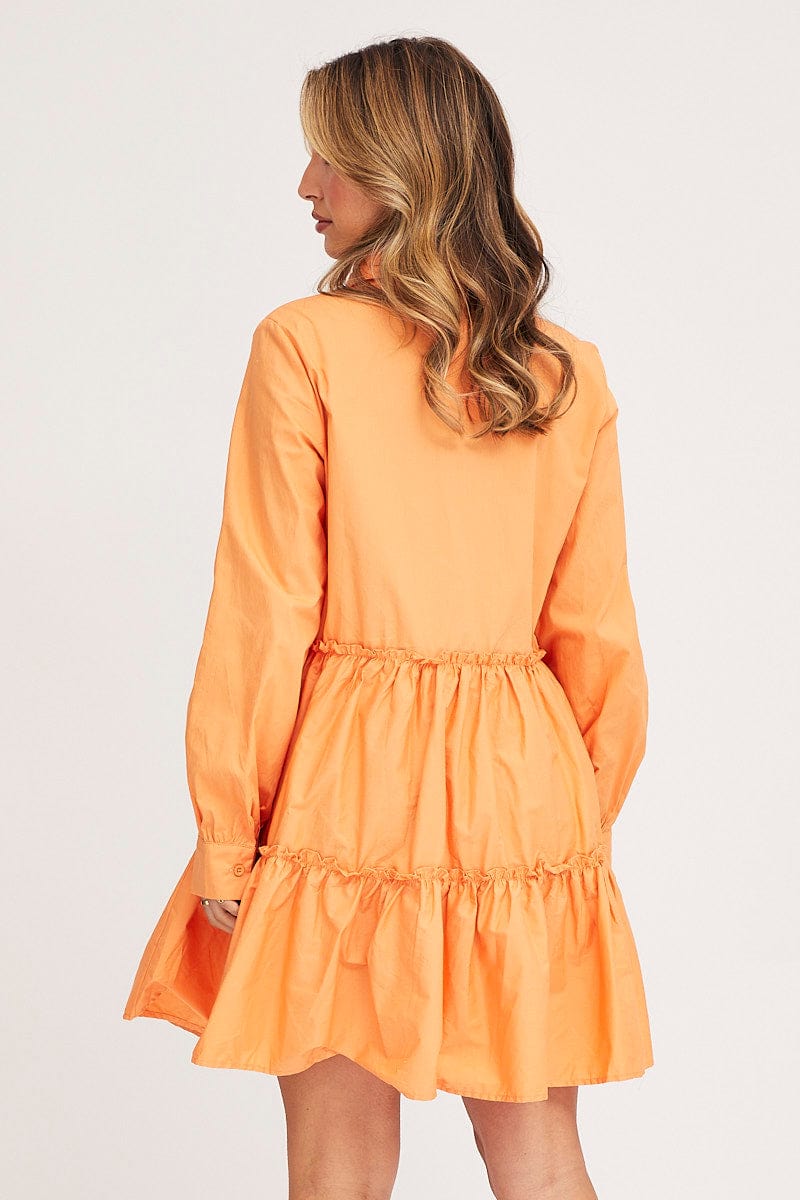 SKATER DRESS Orange Shirt Dress Long Sleeve Mini for Women by Ally