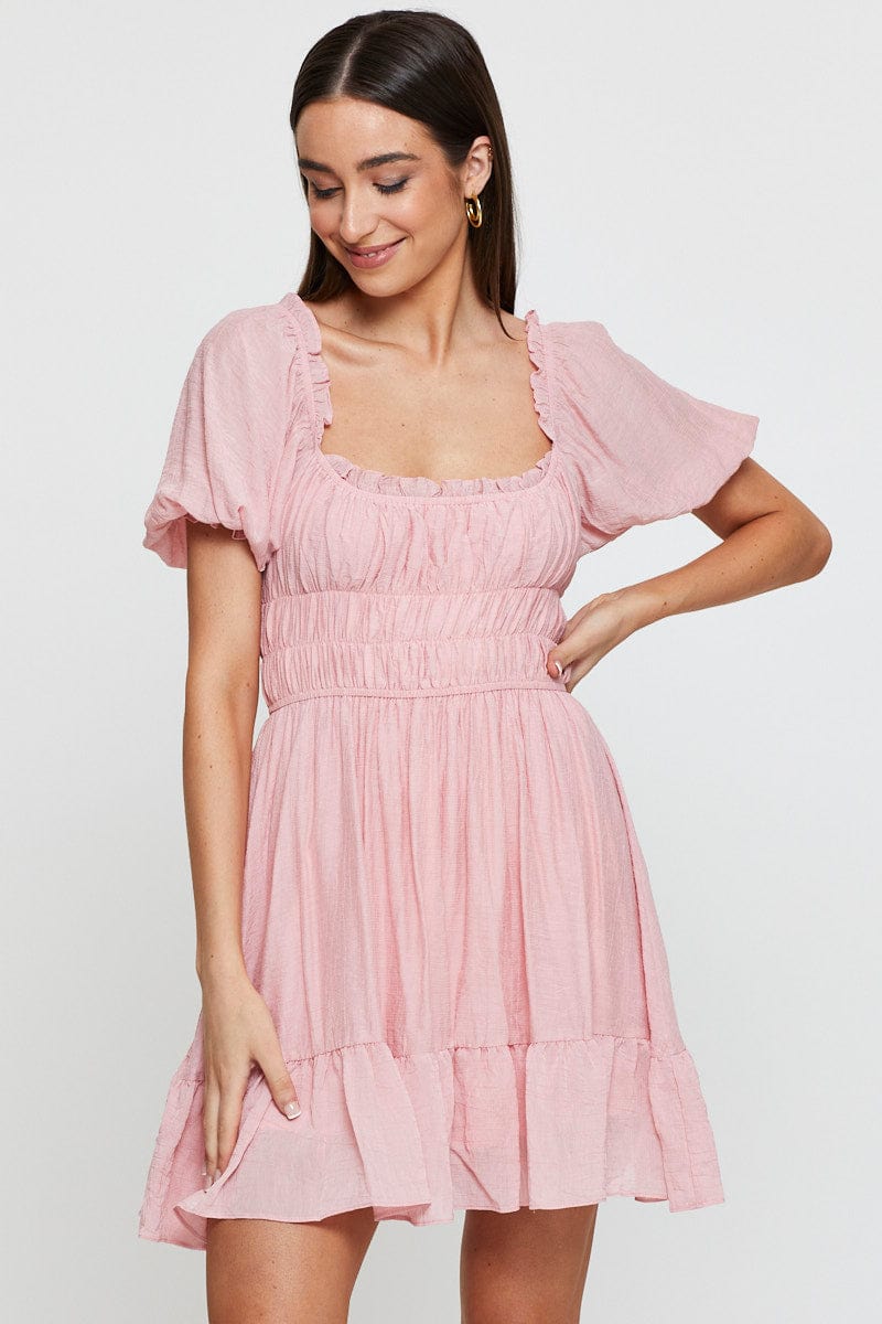 SKATER DRESS Pink Dress Short Sleeve Mini for Women by Ally