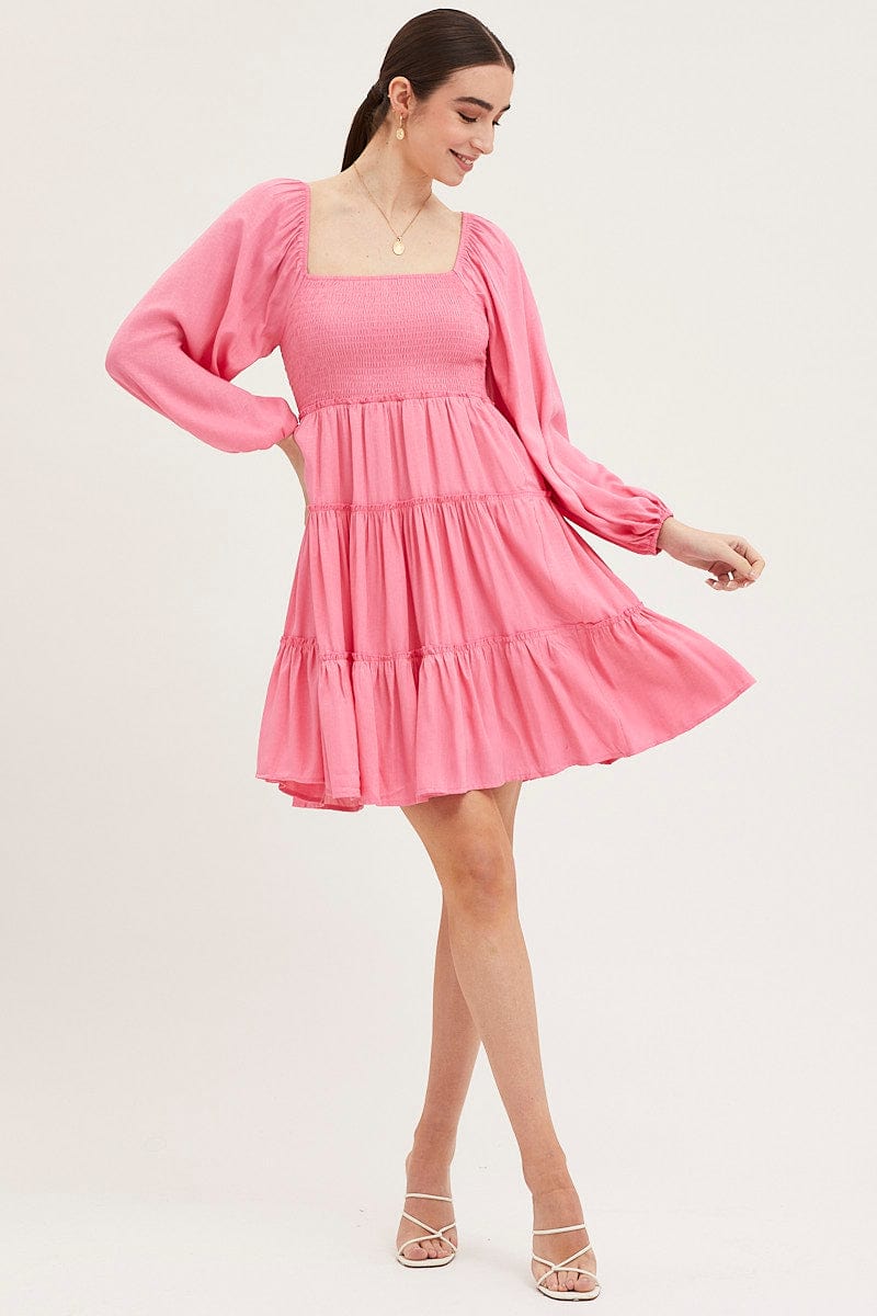 SKATER DRESS Pink Fit And Flare Dress Long Sleeve Square Neck for Women by Ally