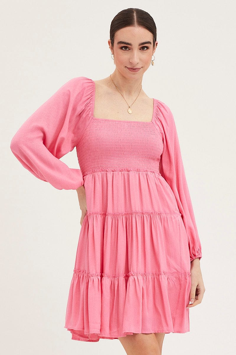 Women's Pink Fit And Flare Dress Long Sleeve Square Neck | Ally Fashion Women's Pink Fit And Flare Dress Long Sleeve Square Neck | Ally Fashion