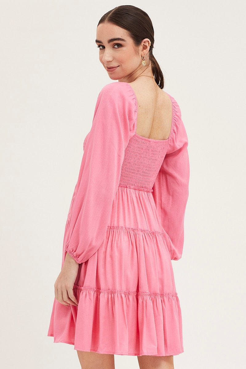 Women's Pink Fit And Flare Dress Long Sleeve Square Neck | Ally Fashion Women's Pink Fit And Flare Dress Long Sleeve Square Neck | Ally Fashion