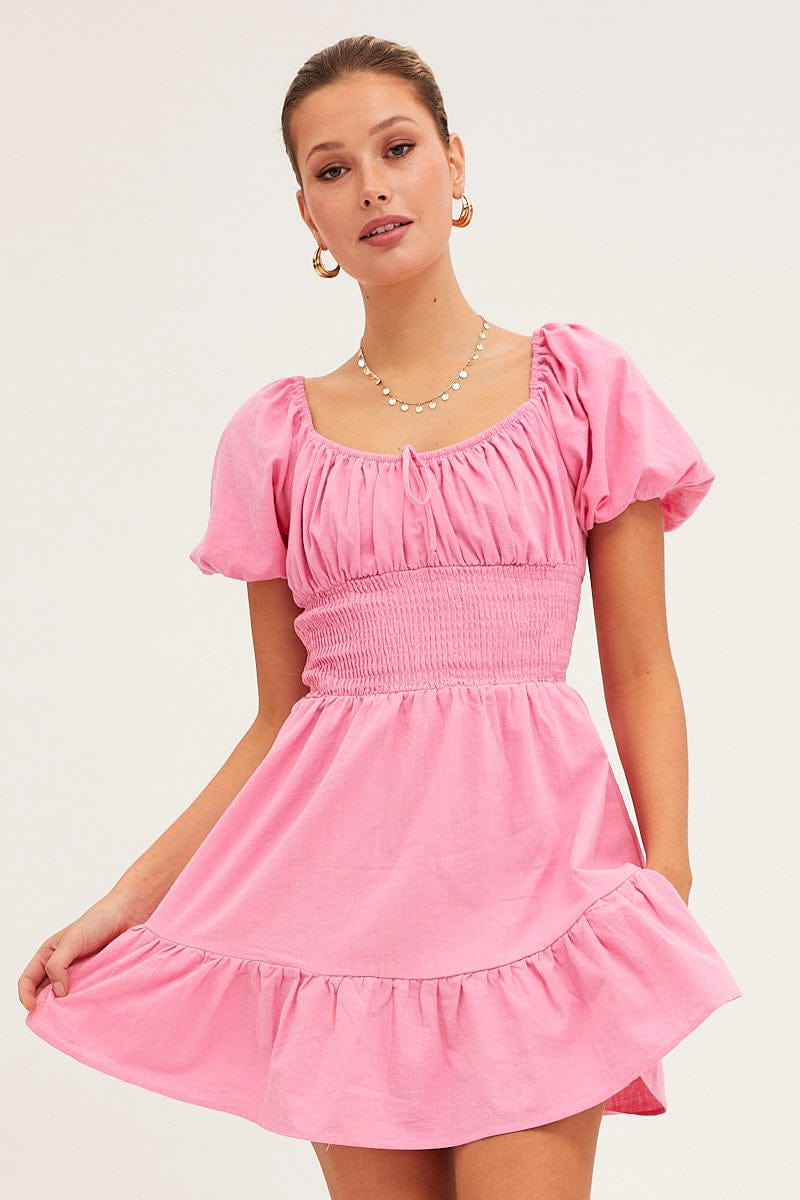 SKATER DRESS Pink Fit And Flare Dress Short Sleeve Round Neck for Women by Ally