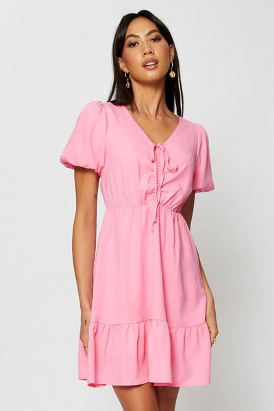 Women's Pink Fit And Flare Dress Short Sleeve V Neck | Ally Fashion