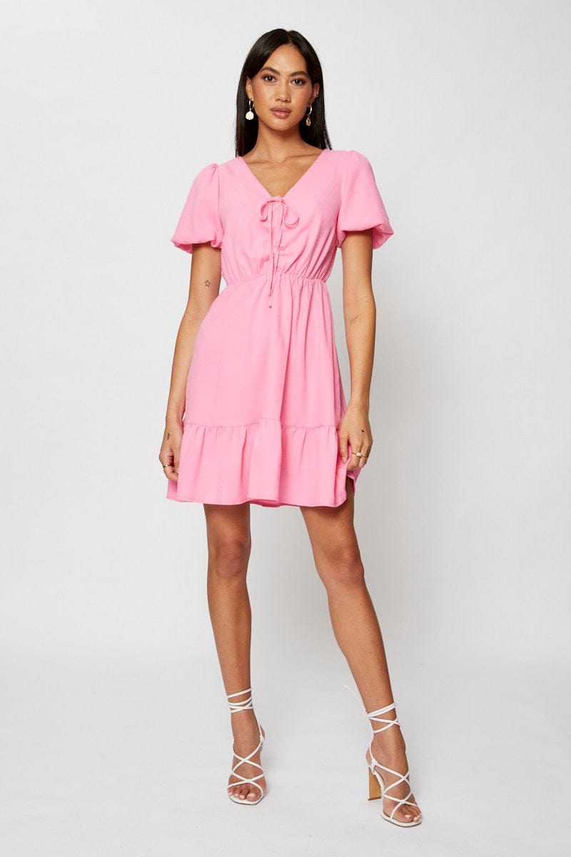 SKATER DRESS Pink Fit And Flare Dress Short Sleeve V Neck for Women by Ally