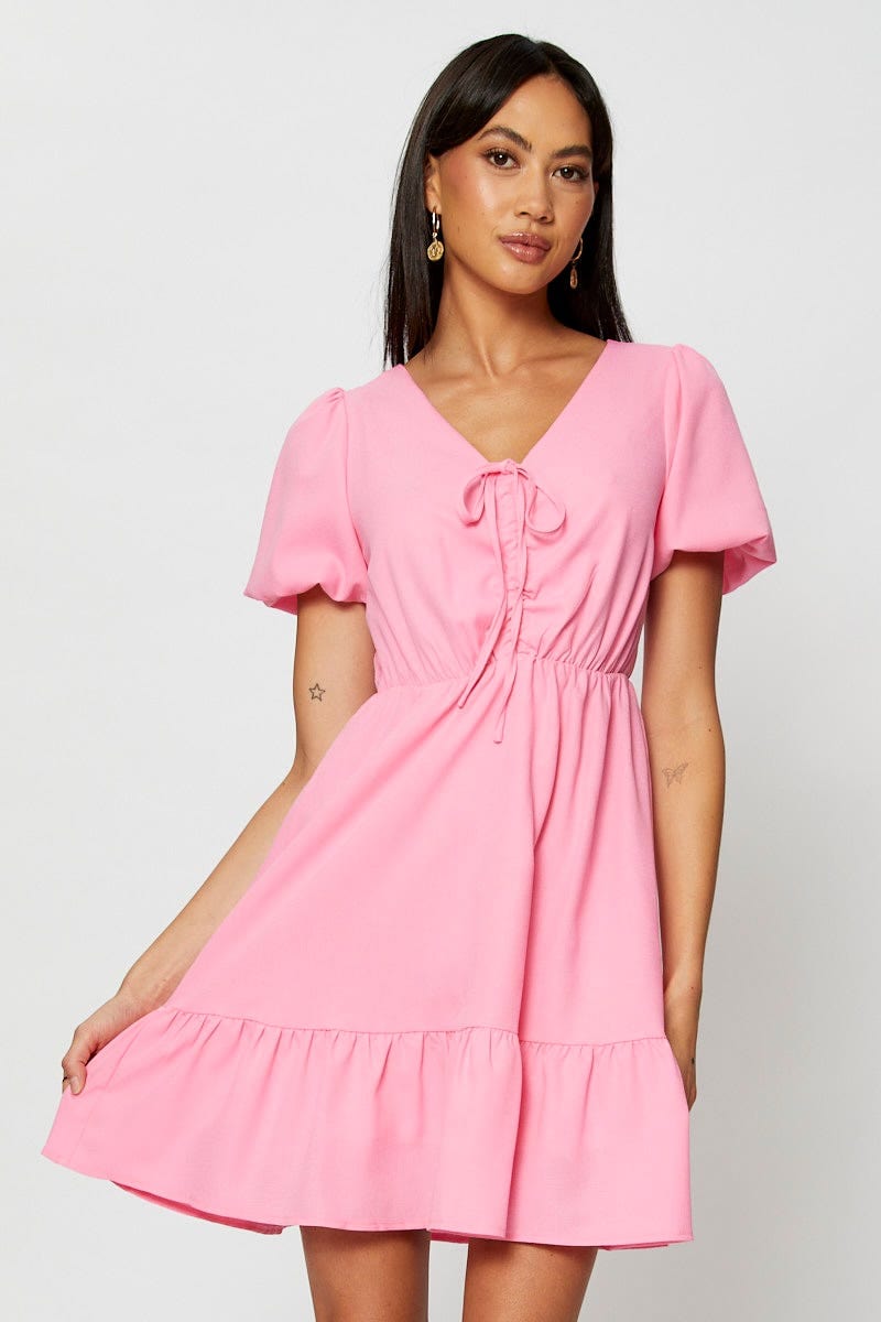 SKATER DRESS Pink Fit And Flare Dress Short Sleeve V Neck for Women by Ally