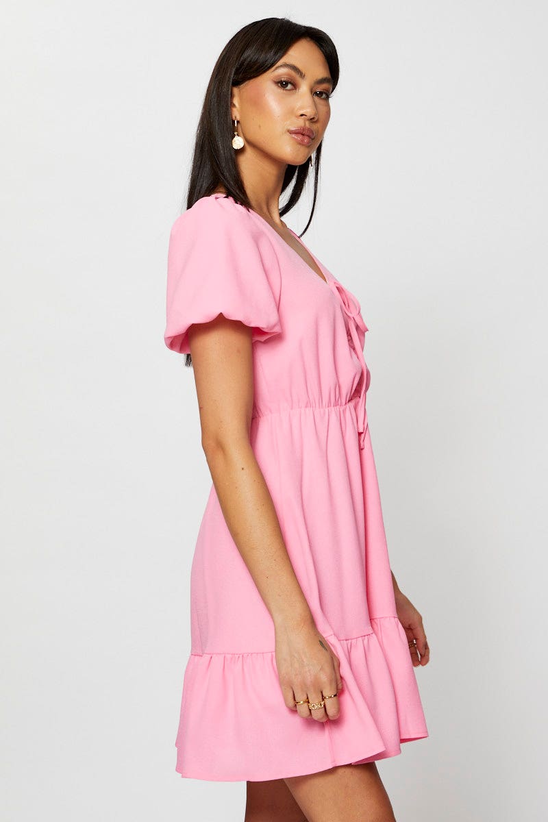 SKATER DRESS Pink Fit And Flare Dress Short Sleeve V Neck for Women by Ally