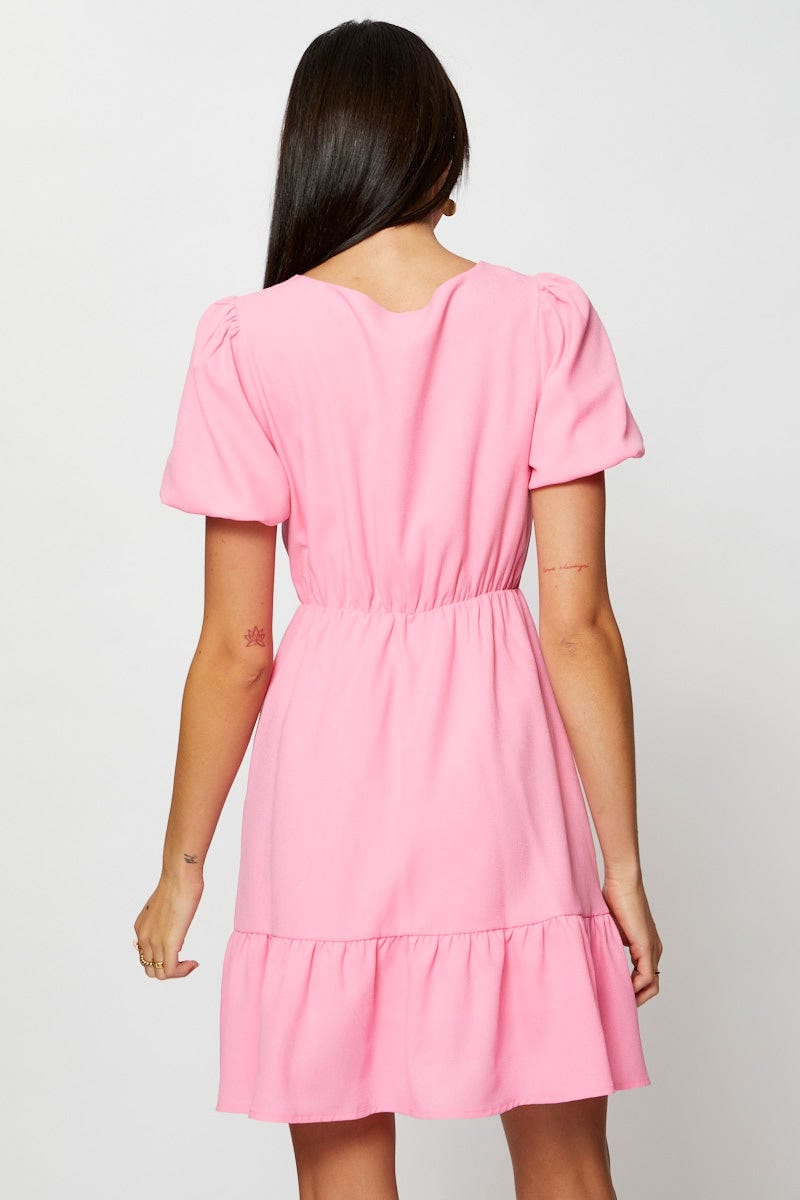 SKATER DRESS Pink Fit And Flare Dress Short Sleeve V Neck for Women by Ally