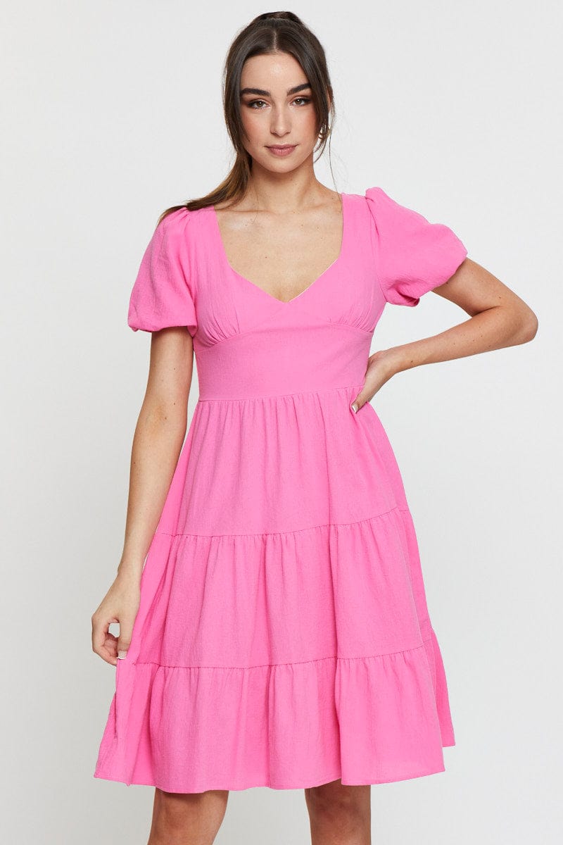 Women’s Pink Midi Dress Short Sleeve V Neck | Ally Fashion