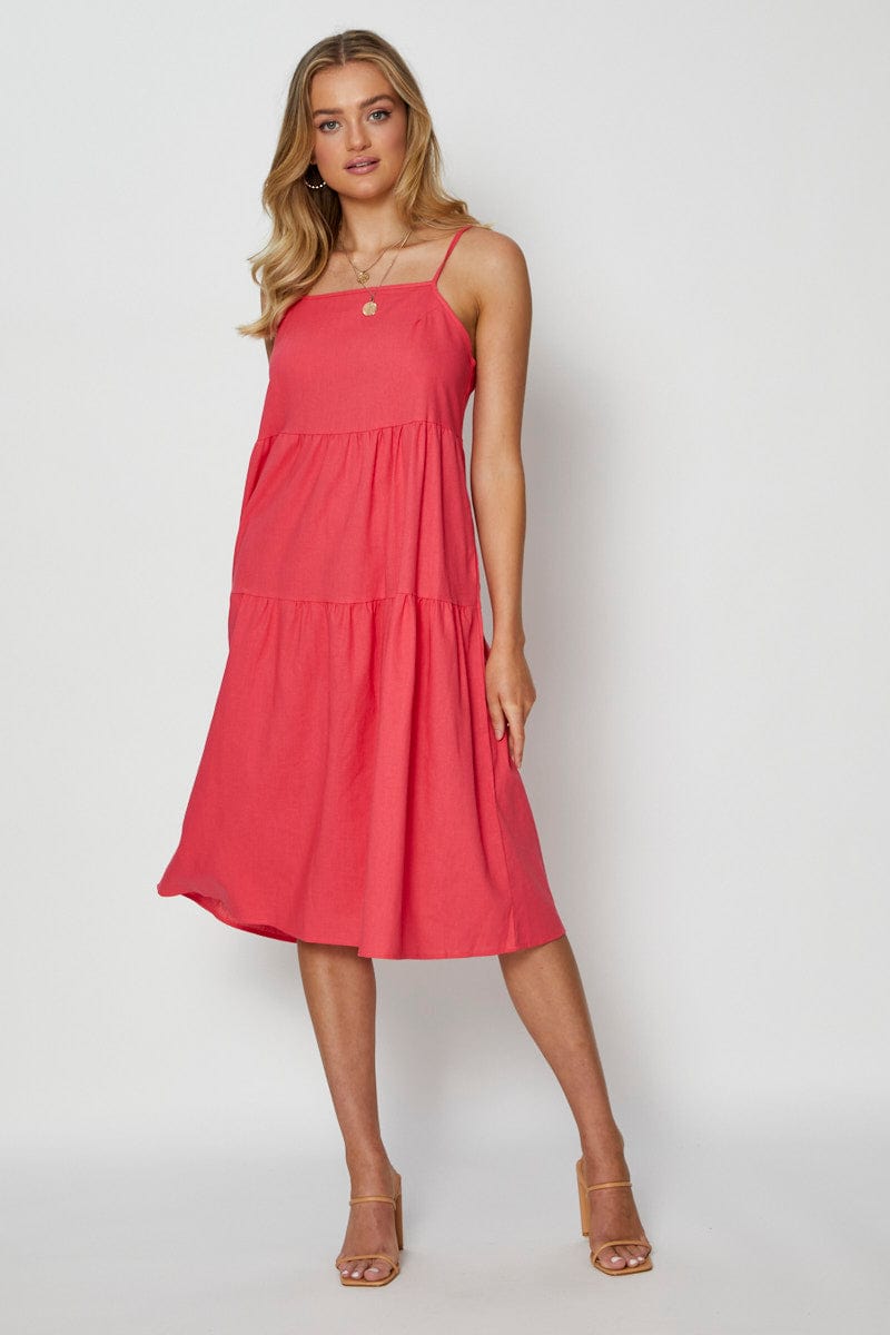 SKATER DRESS Pink Midi Dress Square Neck for Women by Ally