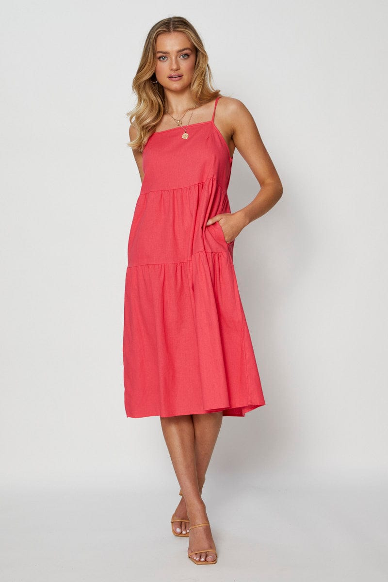 SKATER DRESS Pink Midi Dress Square Neck for Women by Ally