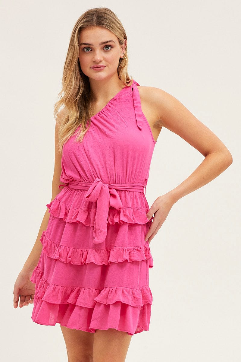 Rebellious fashion slinky one shoulder mini dress with ruched side and tie  shoulder in pink - ShopStyle