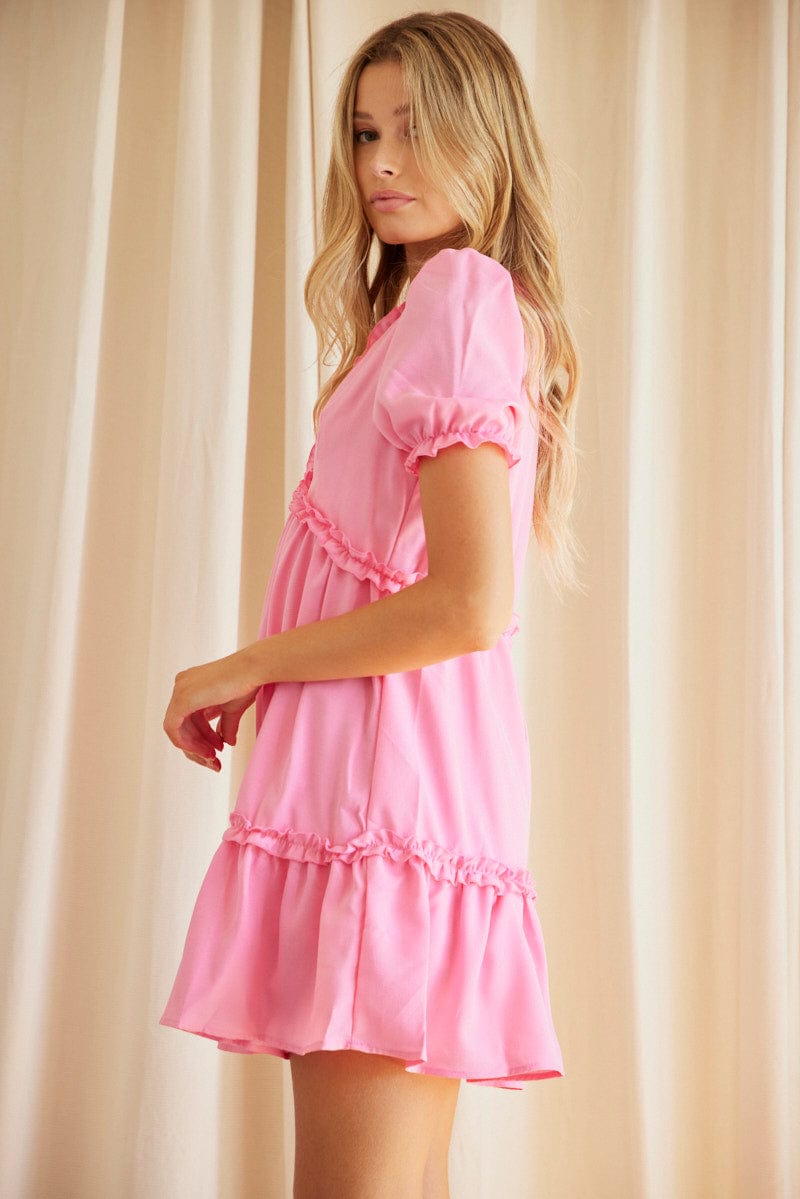 Pink Mini Dress Short Sleeve V Neck