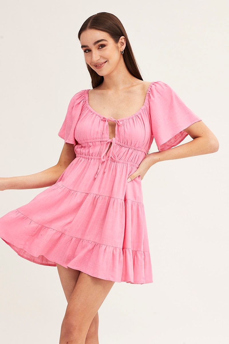 SKATER DRESS Pink Round Neck Short Sleeve Linen Blend Skater Dress for Women by Ally